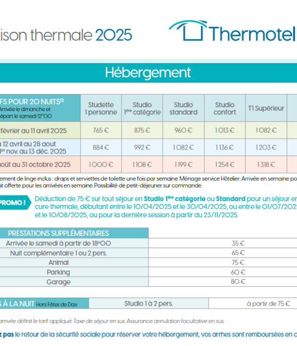 Tarifs 2025 de l'hébergement Thermotel reliè aux Thermes Bérot